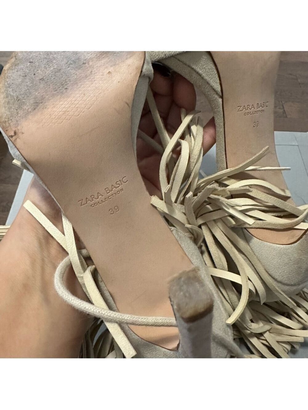 Zara Faux Suede Fringe Tassel Tie High Heel Sandals in Bone/Cream - Picture 12 of 15